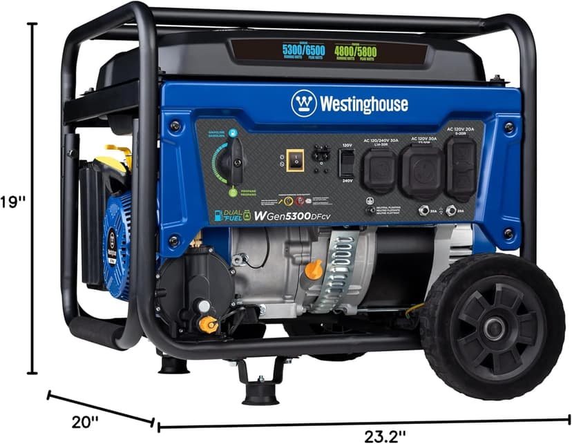 Westinghouse 6500 Watt Dual Fuel Home Backup Portable Generator, Transfer Switch Ready 30A Outlet, RV Ready 30A Outlet, CO Sensor