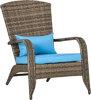 Outsunny Patio Wicker Adirondack Chair, Outdoor All-Weather Rattan Fire Pit Chair w/Soft Cushions, Tall Curved Backrest and Comfortable Armrests for Deck or Garden, Sky Blue