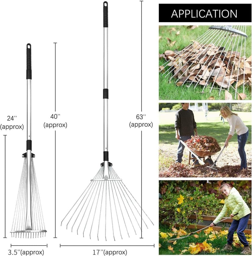 Buyplus Adjustable Garden Leaf Rake - 24 to 63 Inch Telescopic Metal Expandable Folding Leaves Rake for Lawn Yard, Flowers Beds, Black