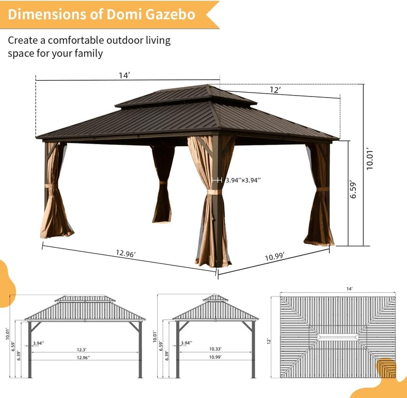 Domi 12' x 14' Hardtop Gazebo Permanent Metal Gazebo with Galvanized Steel Double Roof, Curtains and Netting for Party, Wedding, Outdoor Dining, Patio, Backyard, Brown