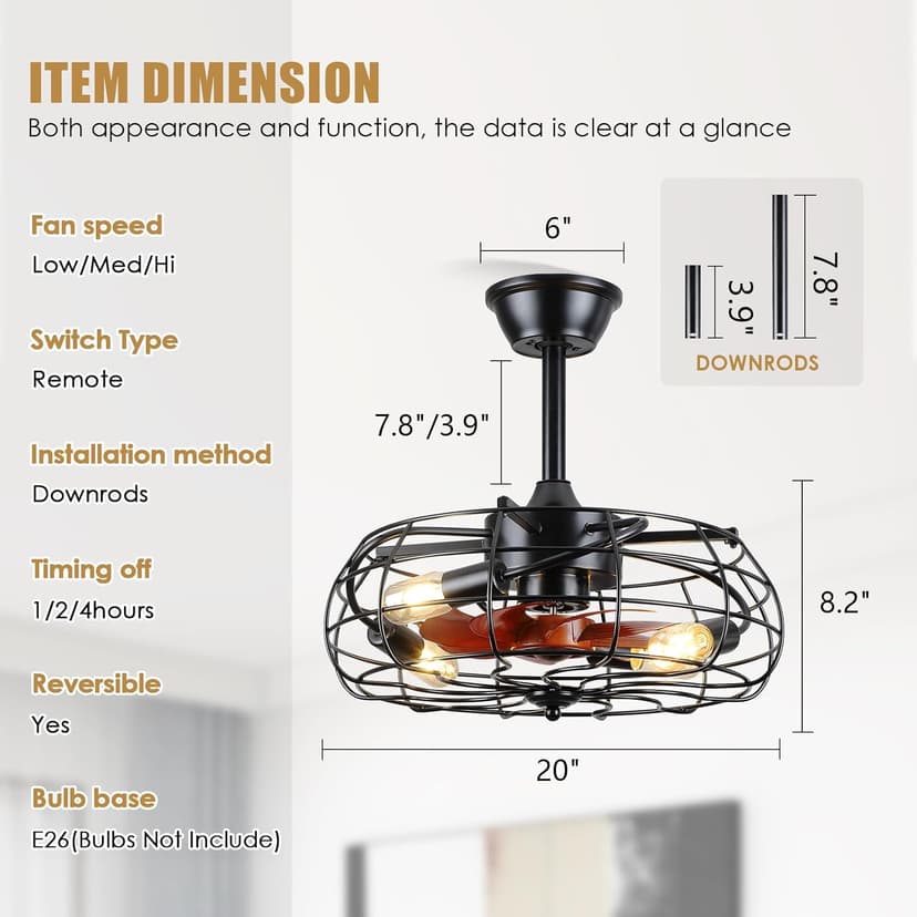 Asyko Caged Ceiling Fans with Lights - Black Outdoor Ceiling Fan with Remote and Reversible Fan Blades, Bladeless Low Profile Fan Light Fixtures for Indoor, Patios, Farmhouse(E26 Bulbs Not Included)