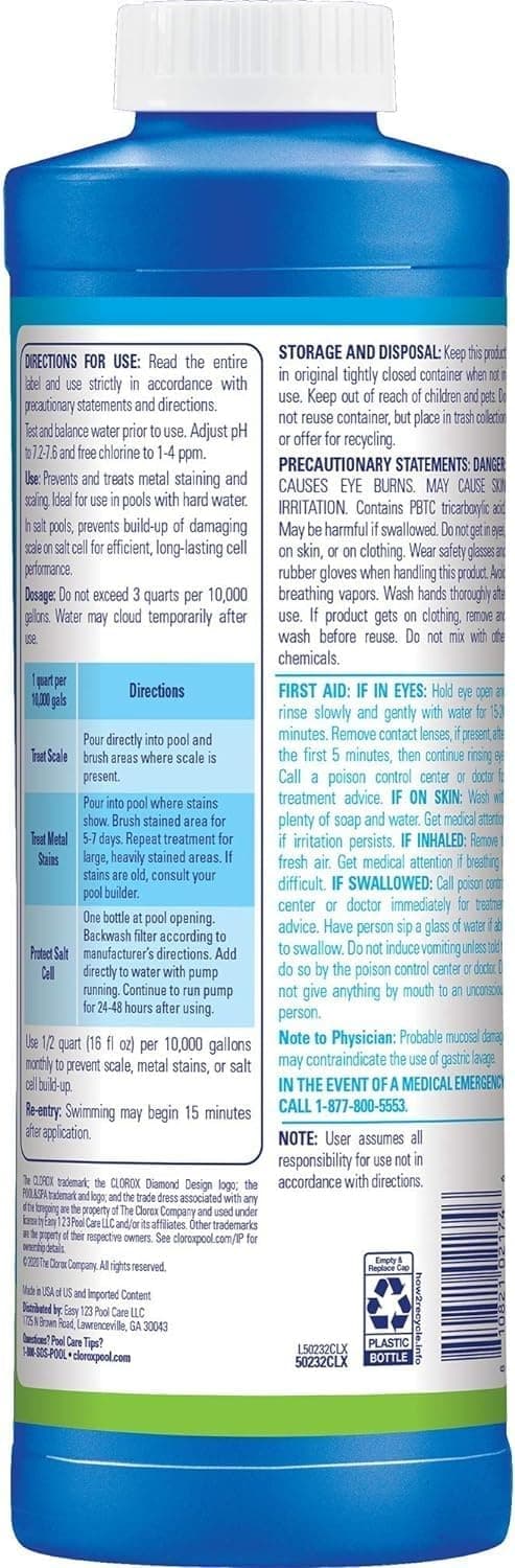 Clorox® Pool&Spa™ Swimming Pool Scale, Metal & Stain Control, Prevents Metal Stains and Scale Formation, Removes Metal Stains, 1 Quart (Pack of 1)
