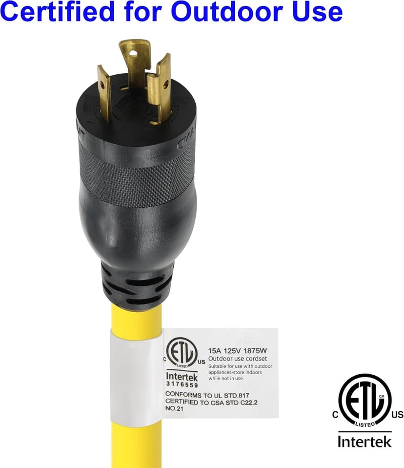 Clear Power 2ft (Short) 3 Outlet Extra Heavy Duty Extension Cord Adapter, 12/3 20Amp Twist-to-Lock Plug to U-Ground Connector, Water & Weather Resistant, Flame Retardant, Yellow, DCAC-0062-DC