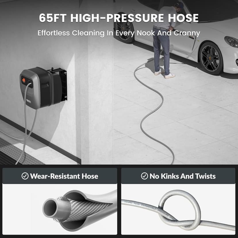 Giraffe Tools Grandfalls Pressure Washer G20 Pro, 2500 PSI 2.2 GPM, Wall Mounted Power Washer with 65FT Hose Reel, Ultra-Soft Pressure Hoses, 4 Nozzles for Floor/Cars/Fences/Patios, Dark Silver