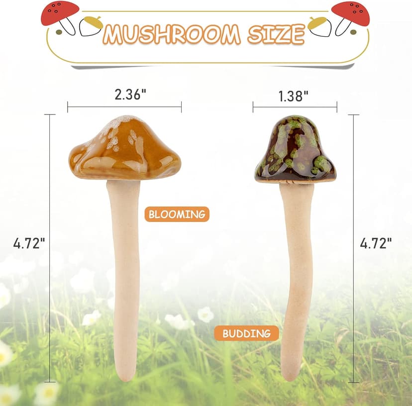 8Pcs Ceramic Garden Mushrooms Figurine Decorative Plants Stakes Accessories Lawn Ornaments Statue for Outdoor (Random Color) (Blooming-1)