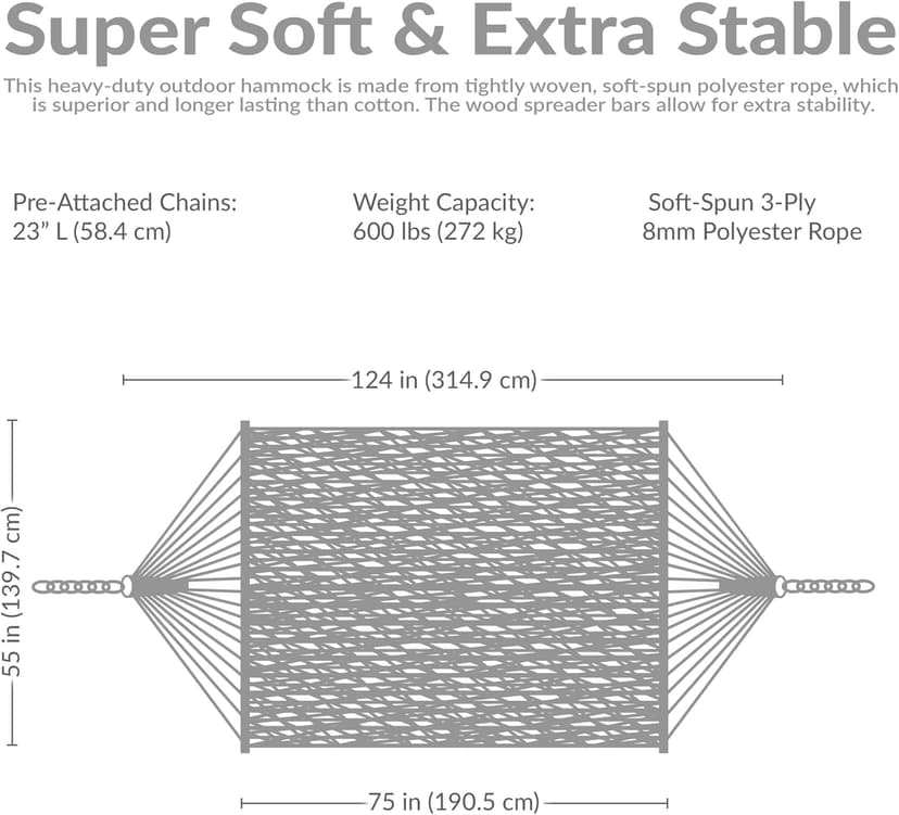 Sunnydaze Soft-Spun Polyester Rope Double Hammock for Outside - 600-Pound Weight Capacity Extra Large Hammock - Tan
