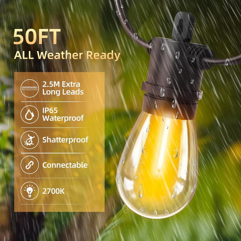 LED Outdoor String Lights Patio - 50FT Dimmable Hanging Light with Remote, Waterproof Shatterproof Edison Bulbs, 3 Modes 2 Timer Outside Lighting Connectable for Graden Porch Backyard Balcony Cafe