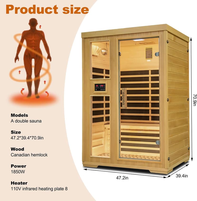 2-Person Infrared Sauna, Indoor Home Sauna Room Hemlock Wood Sauna Low EMF Far Infrared Heating with Tempered Glass Door Bluetooth Speakers, Chromotherapy Lights for Family（110V, 1850W）Truck delivery