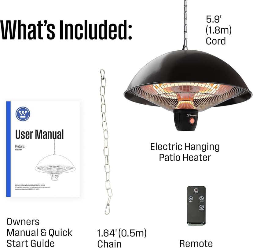 Westinghouse Outdoor Ceiling Patio Heater, Water Resistant, Adjustable Heat Output Up to 1500W, Auto Shut Off Overheat Protection, Hanging Infrared Heater for Patio Cover, Gazebo, & More - Black
