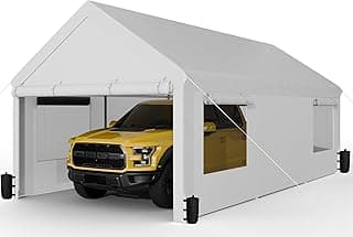 JAMFLY Carport, 10x20 ft Heavy Duty Carport with Roll-up Windows, Portable Garage with Removable Sidewalls & Doors, Car Canopy with Sandbags and All-Season Tarp for Car Boat Truck Motorcycle