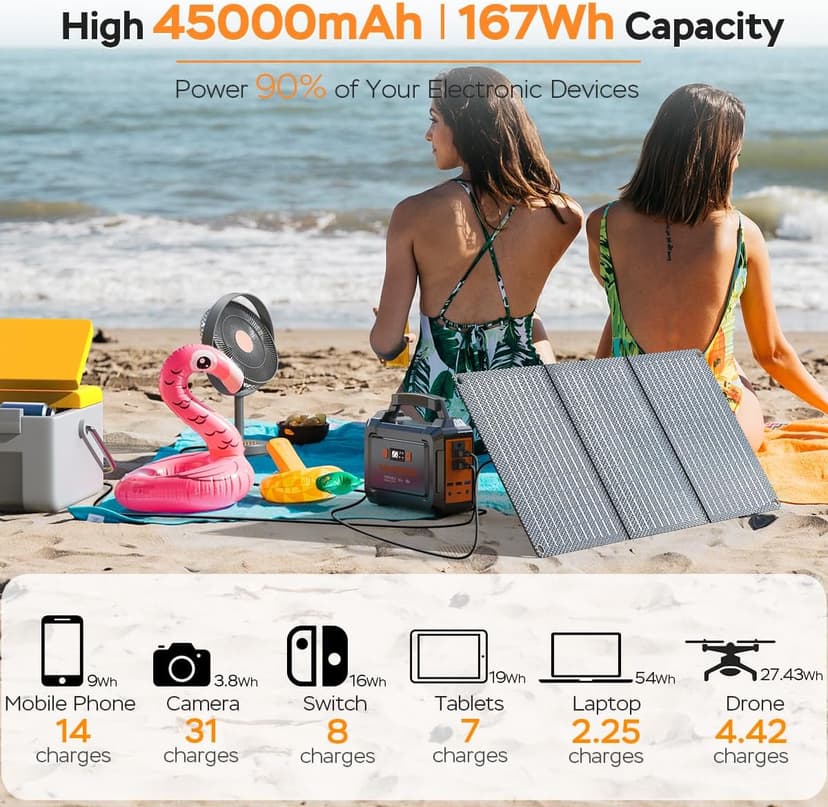 MARBERO Solar Generator 167Wh Camping Portable Power Station 200W Peak with Foldable Solar Panels 30W with AC Outlet 110V Multi-Port LED Flashlights for CPAP Home Camping Hurricane Emergency