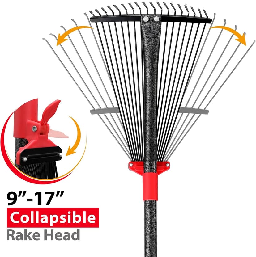 Rake, Adjustable Rake for Leaves with 9”-17” Rake Head, Rakes for Lawns Heavy Duty, 60 in Garden Rake with 18 Clog-Free Tines, Long Handle, Metal Rakes Tool for Gardening, Fast Cleanup Camping Rake