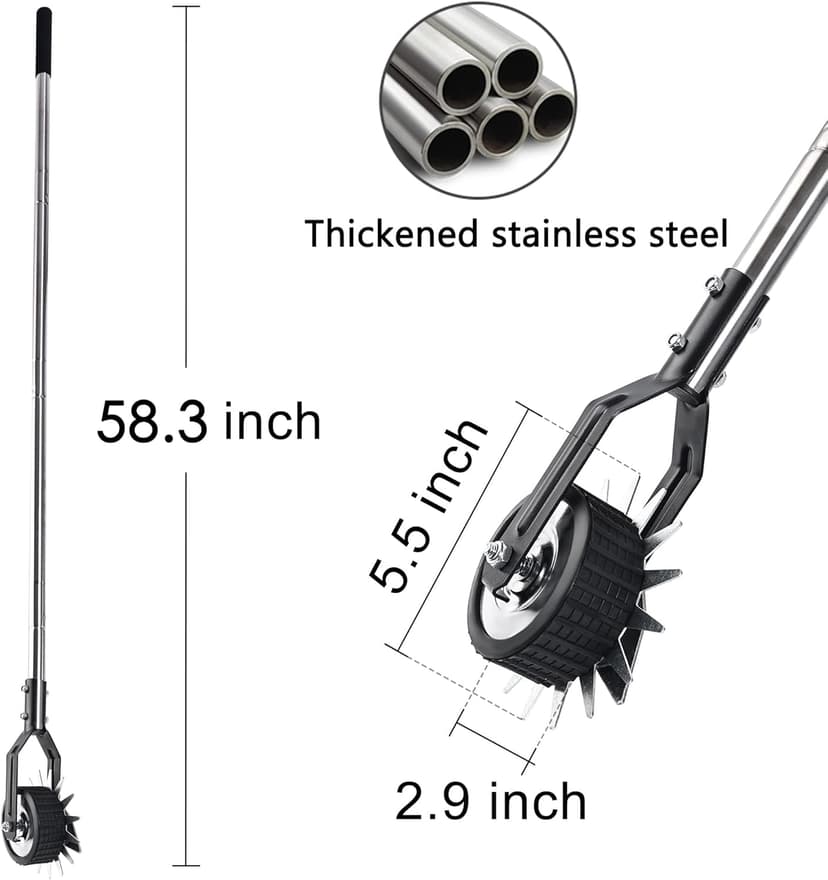 Wheel Rotary Edger Lawn Tool, Grass Edge Trimmer, Sidewalk Manual Lawn Edger, Strong 3 Sections Stainless Steel Handle with Cushion Grip, 58.3-Inch