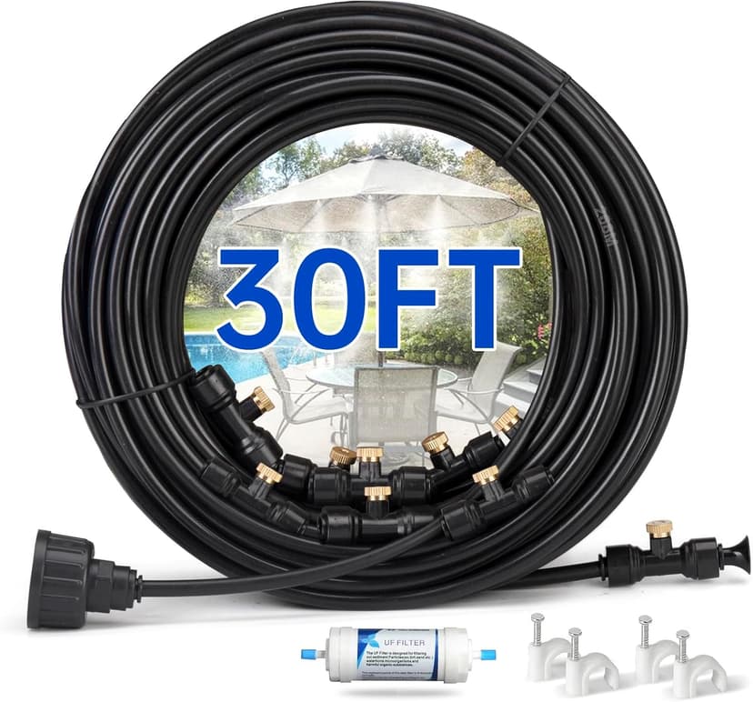 Misting Cooling System for Outdoor Patio & Garden - Brass Nozzles, UV-Resistant Tubing, DIY Installation - Water-Saving Backyard Mister for Greenhouse, Trampoline, Pool, BBQ Parties (50FT / 15M)