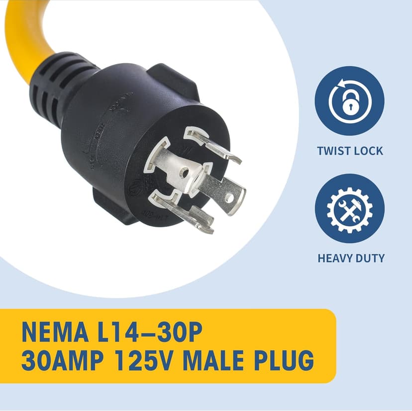 GOMEN 12 Inch 30 Amp to 110 Volt Adapter, 4 Prong 10 Gauge STW Generator RV Adapter Cord with Twist Lock, 125V 3750W, NEMA L14-30P Male to 3X 5-15R Female with Lighted End, 1 FT
