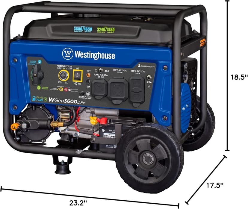 Westinghouse 4650 Peak Watt Dual Fuel Portable Generator, Remote Electric Start with Auto Choke, RV Ready 30A Outlet, Gas & Propane Powered, CO Sensor