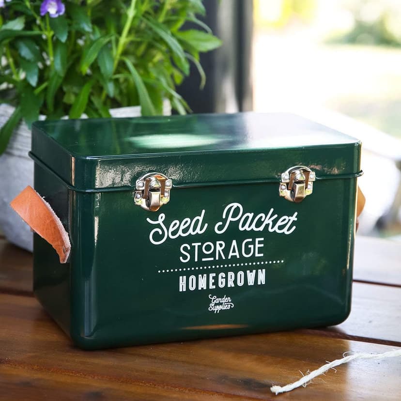 Burgon & Ball Seed Packet Storage Box Container Tin in Frog Green with Inside Dividers for Organization with Lid, Side Handles and Latches
