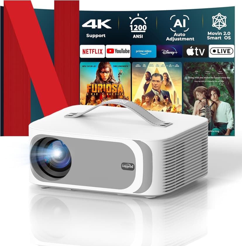 [AI Movin 2.0 System/1200 ANSI/Auto Focus] Projector-4K with WiFi 6 and Bluetooth, 30W DoIby Audio Netflix-Licensed Outdoor-Projector, Lisowod 1080P Smart Portable Proyector with HDR10+ 2025 Upgraded