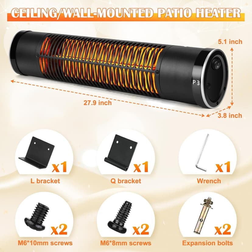 Electric Outdoor Heater, 1500W Patio Heater for Outdoor Use, Wall-Mounted Carbon Infrared Heater,With Remote, 3 Heat Levels, 8H Timers, Radiant Heater for Garage, Gazebos, Shop