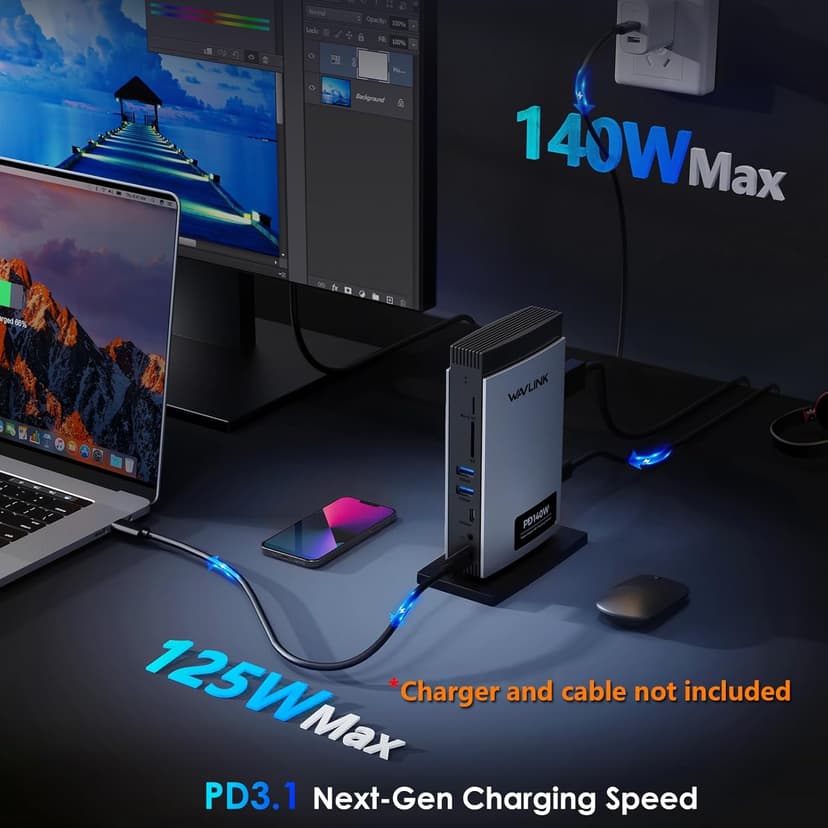 WAVLINK Laptop Docking Station 3 Monitors, 11 in 1 USB C Docking Station with PD3.1 140W Charging, 8K HDMI + Dual 8K Displayport, 5 USB-C/USB-A, SD/TF Slot, Audio/Mic, RJ45 Ethernet for M1/M2/M3/M4