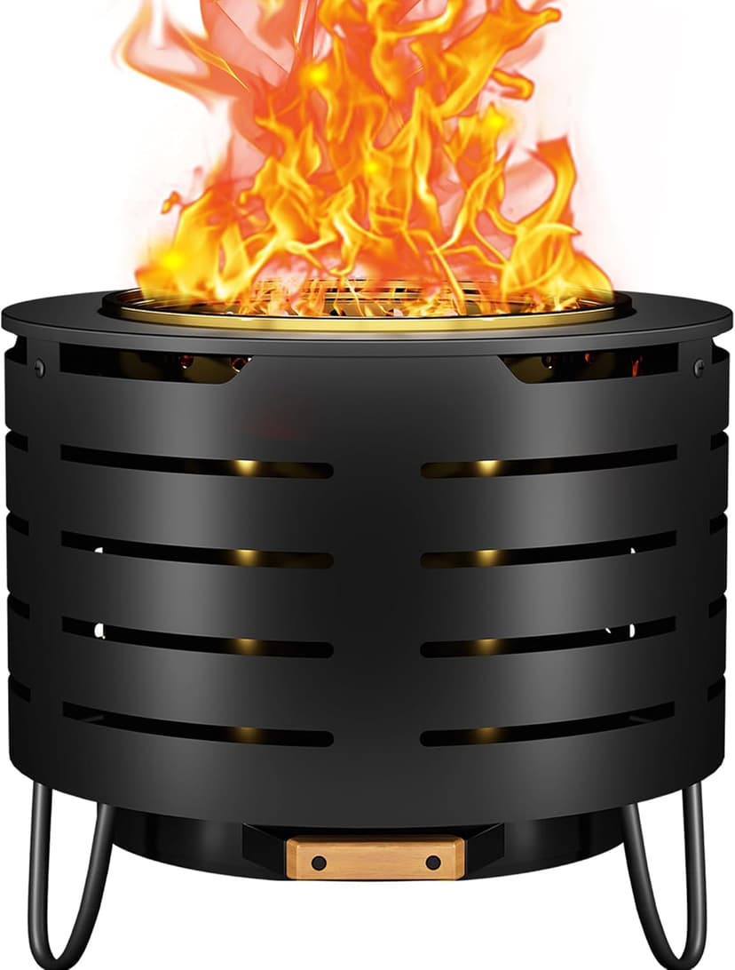 Low Smoke Fire Pit, 19 Inch Stainless Steel Portable Fire Pit for Wood Burning, Outdoor Fire Pit Perfect for Camping or Backyard, Includes Fire Poker, Stand, Cloth Cover and Grill Rack