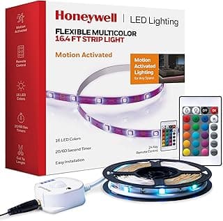 Honeywell 16.4ft Indoor LED Strip Light - Color Changing RGB, Motion Activated with Remote Control - for Bedroom, Kitchen, Dorm, Game Room, Cabinets, Etc - Wall Plug 12 Volt No Battery