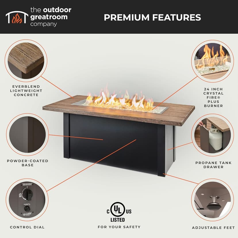 Outdoor GreatRoom Co Propane Fire Pit Table 62" Havenwood 80,000 BTU Luxury Gas Fire Pits for Outside Patio, Everblend Concrete Fire Table Top, Crystal Fire Plus Burner & Glass Cover, US Safety Rated