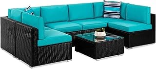 Best Choice Products 7-Piece Modular Outdoor Sectional Wicker Patio Conversation Set w/ 2 Pillows, Coffee Table, Cover Included - Black/Teal