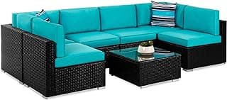Best Choice Products 7-Piece Modular Outdoor Sectional Wicker Patio Conversation Set w/ 2 Pillows, Coffee Table, Cover Included - Black/Teal