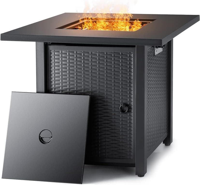 Devoko 28 inch Patio Propane Fire Pit 50,000 BTU Outdoor Gas FirePit Table with Lid and Lava Rock for Garden, Courtyard and Backyard, Black