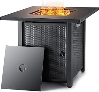 Devoko 28 inch Patio Propane Fire Pit 50,000 BTU Outdoor Gas FirePit Table with Lid and Lava Rock for Garden, Courtyard and Backyard, Black