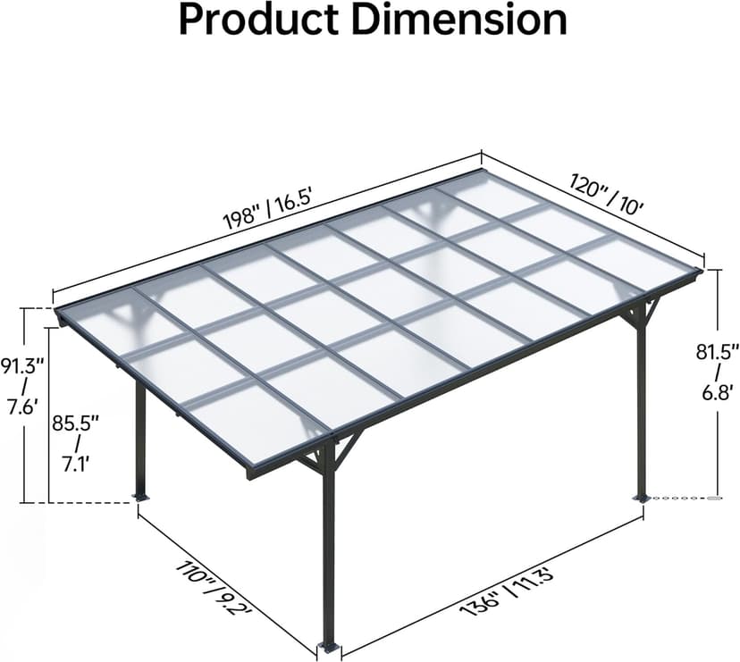 Real Relax Metal Carport 10 x 16ft with Heavy Duty Metal Frame & Pitched-Roof Polycarbonate Panel Canopy, Sturdy Canopy Shelter for Car, Truck, Pickup, SUV, Tractor, and Boat, Grey