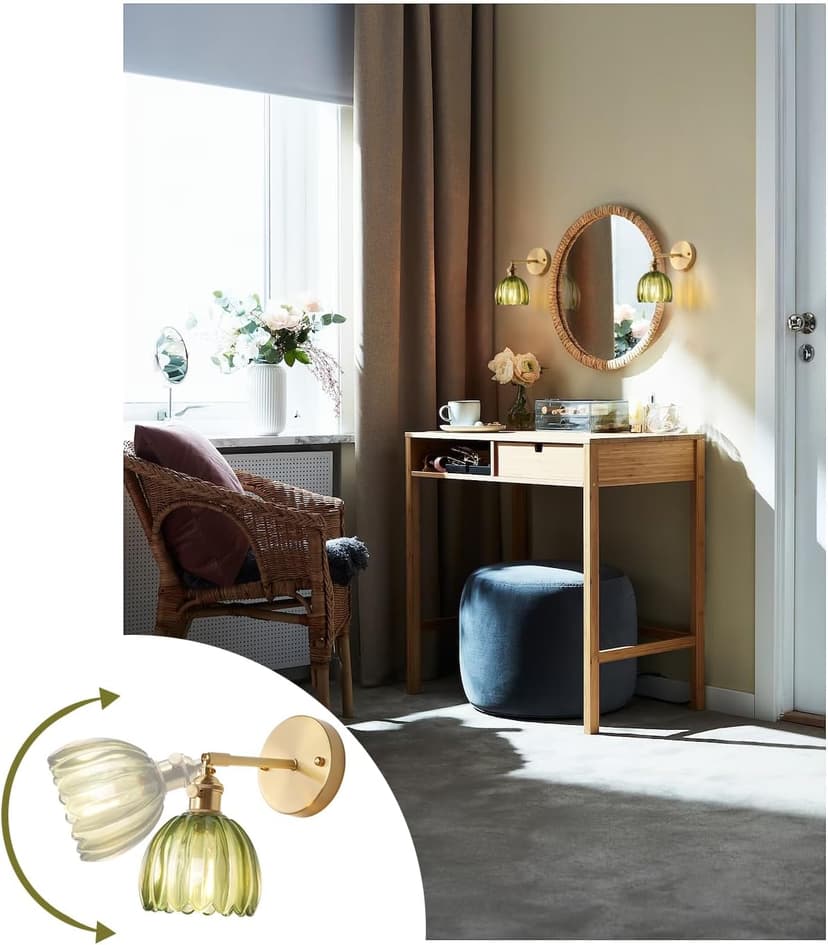 Vintage Wall Sconces with Green Tulip Glass Lampshade 180 Degree Adjustable Brass Sconces Hradwired Modern Wall Lighting Fixture with Switch for Bedside Bedroom Doorway