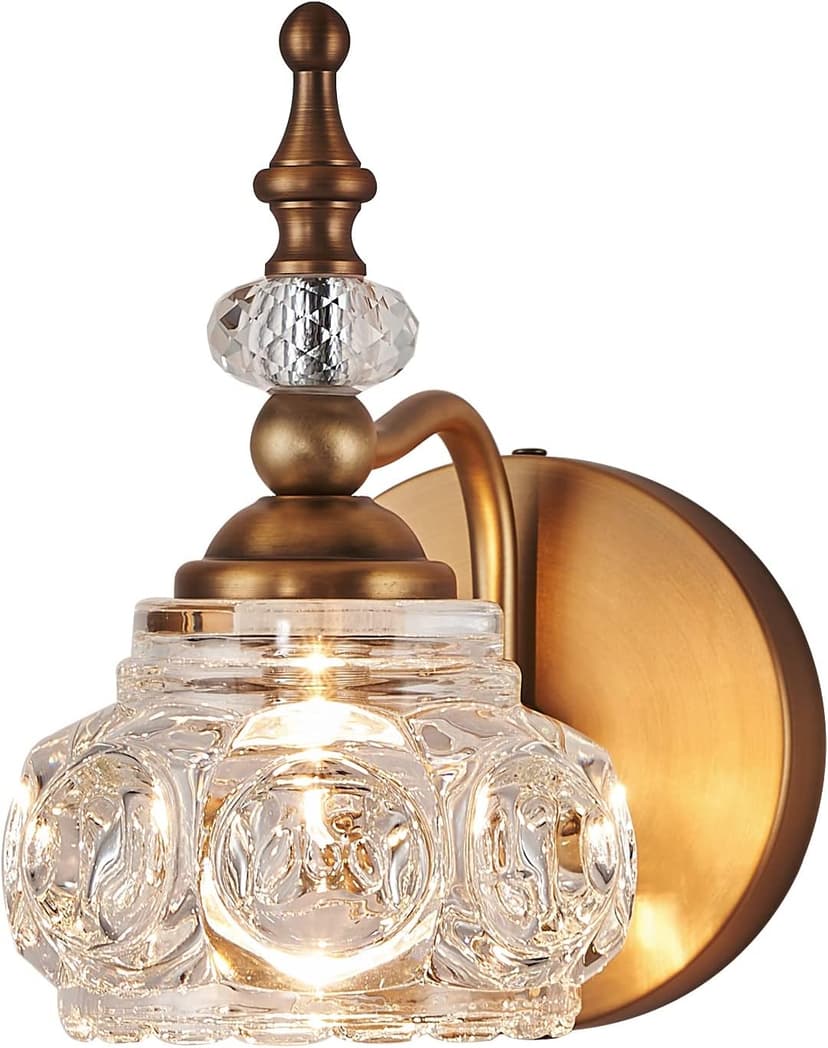 Vintage Wall Sconces, 1-Light Wall Lighting with Crystal Glass Shade, Matte Brushed Antique Brass Finish, Crystal Wall Light, Wall Lamp for Bathroom, Bedroom,Hallway(G9 Base)