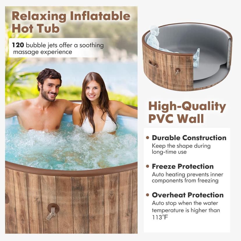 GYMAX Hot Tub, 4 to 6 Person Inflatable Portable Hot Tub with 120 Soothing Bubble Air Jets, Insulated Lockable Cover, Floor Mat & LED Touch Control, Outdoor Blow Up Spa Tub for Backyard, Patio