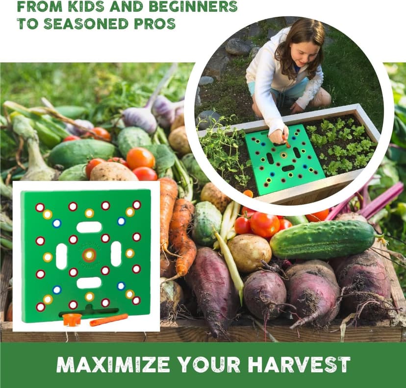 Seeding Square - Patented Seed and Seedling Spacer Tool for Bigger Harvests, Organized Plants & Fewer Weeds – Color-Coded Gardening Template with Magnetic Dibber, Ruler & Planting Guide