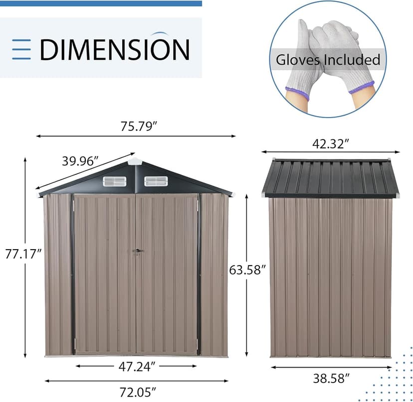 Verano Garden 6x4 FT Outdoor Storage Shed, Galvanized Metal Steel Garden Shed,Double Door W/Lock, Bike Storage for Backyard, Patio, Lawn (72.05" × 38.58"× 77.17")