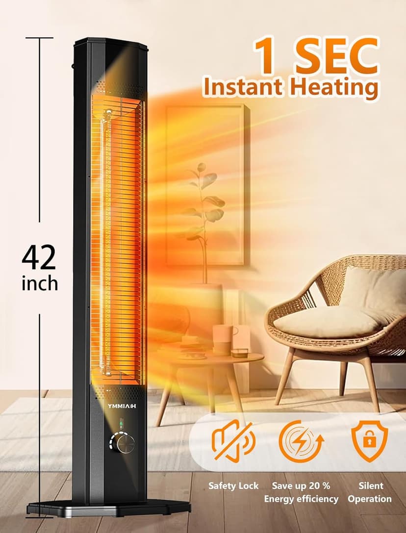 Outdoor Electric Patio Heater, Haimmy 42in Infrared Heater with Remote, 9 Heat Levels, 9H Timers, 1500W Instant Heating, Safety Lock, Tip-Over & Overheat Protection, IPX5 Waterproof Tower Space Heater