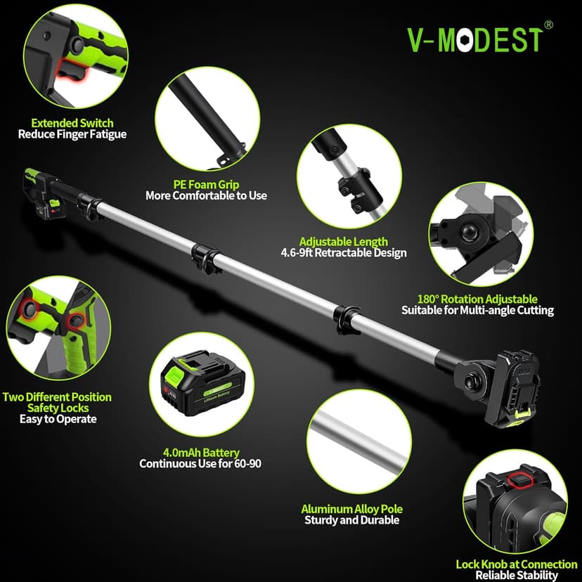 4-in-1 Pole Saw & Electric Pruning Shears, 8 Inch Pole Saws for Tree Trimming, Cordless Pruning Shears with 15ft Max Extension Pole, 2 * 4.0Ah Battery Powered Pole Saw Pole Pruner for Garden