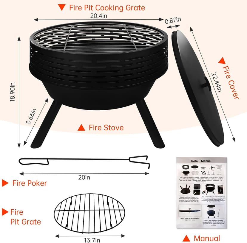 23 Inch Cast Iron Round Fire Pit with Grill, 3-in-1 Outdoor Fire Bowl, Fire Pit Table with Metal Lid and Fire Poker, Wood Burning Firepit for BBQ Bonfire Patio Picnic