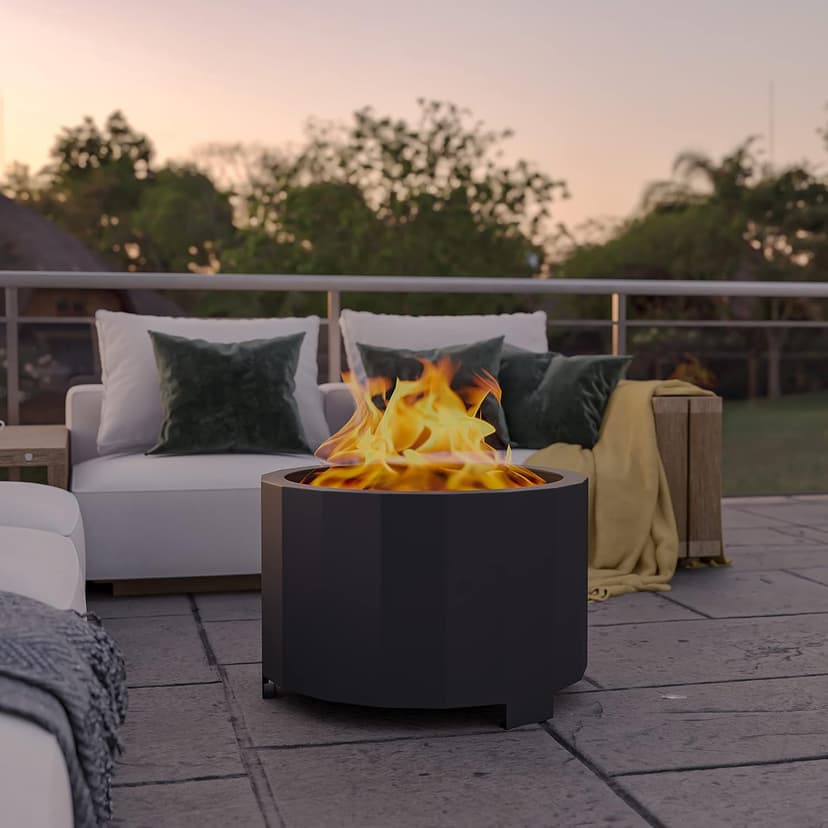 Flash Furniture Titus Commercial Grade Wood Burning Smokeless Outdoor Firepit - Black Finish - 27 inches - Portable - Waterproof Cover
