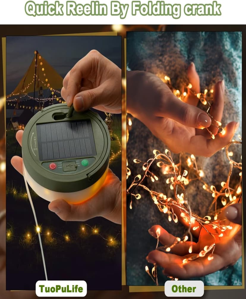 Solar Camping String Lights, 32.8FT Fairy String Lights 130LEDs, Portable Waterproof Camping Lamp with 8 Lighting Modes, Hanging Rechargeable Tent Lantern for Awning Garden Yard Party Decor