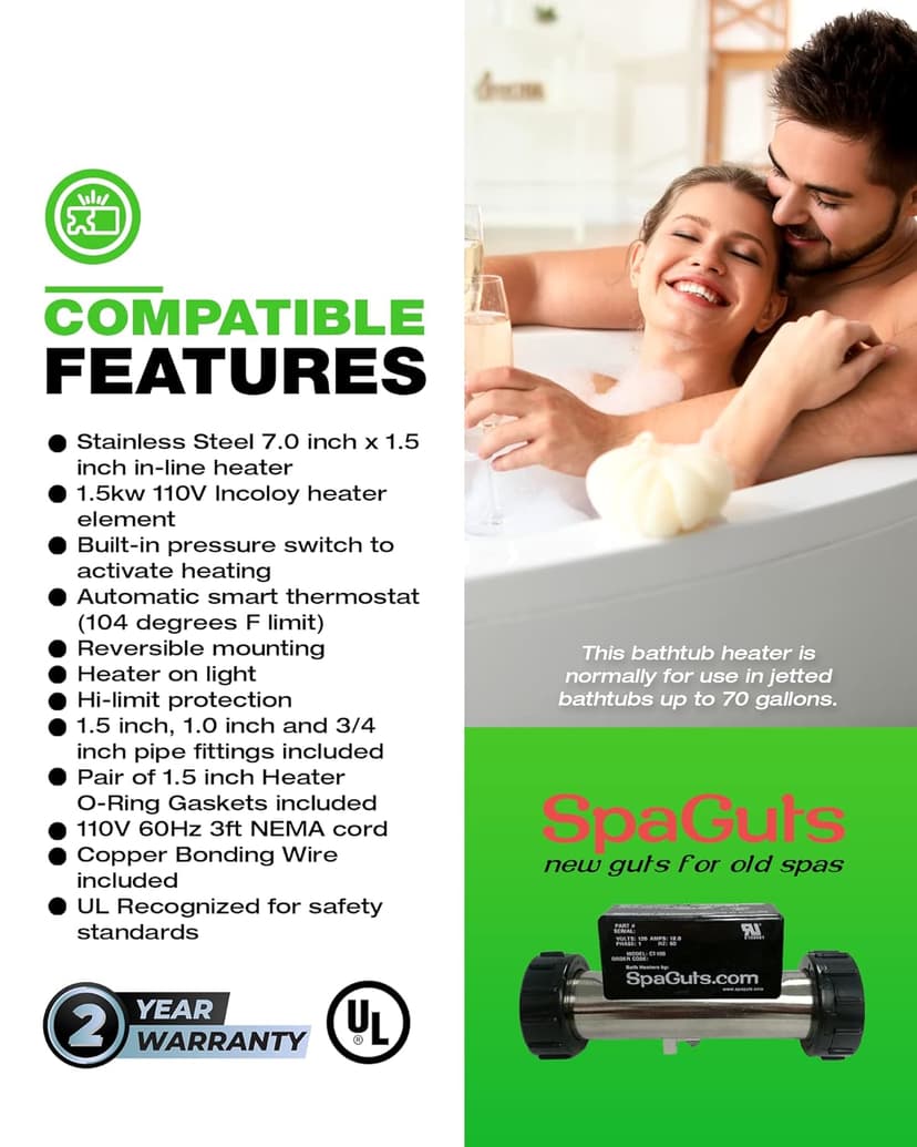 SpaGuts 25-150-0001 Universal Inline Bath Heater Kit, 1.5KW, 110V, 7x1.5 inches, with Built-in Pressure Switch