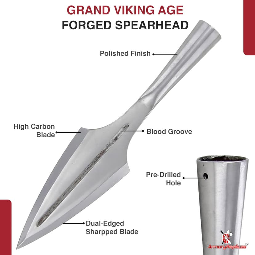 Armory Replicas Functional Viking Age Real Spear Head Attachment- Hand Forged Tempered Carbon Steel Medieval Reenactment Spear Head - Shaft Not Included