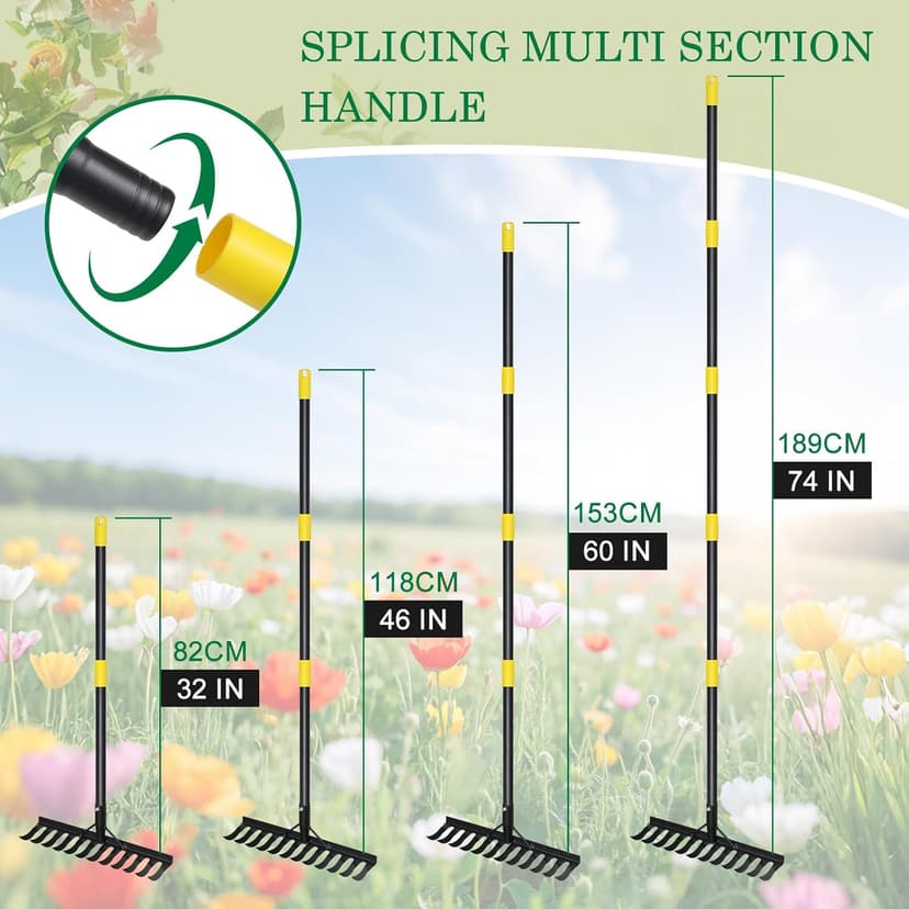 Garden Rake Heavy Duty, 74 Inch Metal Rake with 12 Tines, Bow Rake with Long Handle for Loosening Soil Leveling Lawn Farming Land, Black