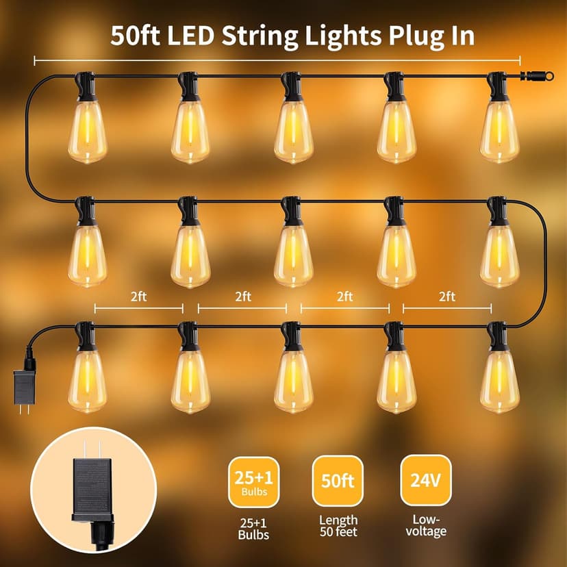 50ft LED String Lights with Remote, 25+1 Bulbs Dimmable String Lights for Outside, ST38 Patio Lights Outdoor Waterproof, Decorative Hanging Lights for Deck, Garden, Backyard