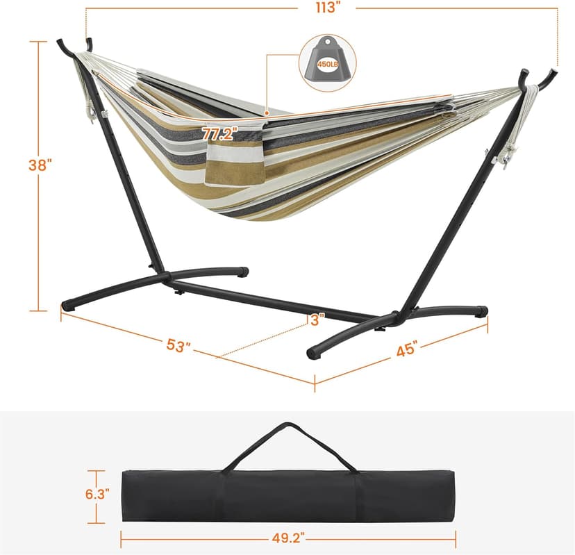 Yaheetech Double Hammock w/Stand, 2-People Hammock & Stand Set w/Storage Bag & Carrying Bag, Outdoor/Indoor Heavy-Duty Portable Hammock, 450LB Capacity - Desert Stripe