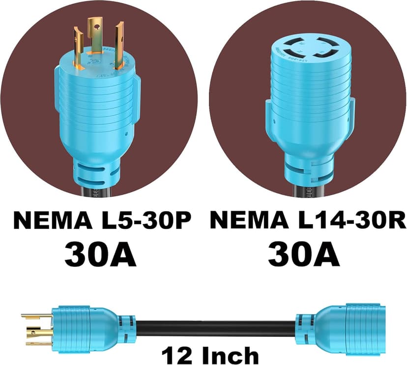 CircleCord NEMA L5-30P to L14-30R Adapter Cord, 4 to 3 Prong Generator Transfer Switch Adapter, 30 Amp Generator Twist Lock 3 to 4 Prong House Inlet Box, STW 10 AWG Blue