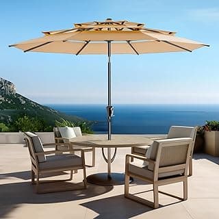9FT 3-Tiers Outdoor Patio Umbrella with Push Button Tilt and Crank,Vented Outdoor Commercial Market Umbrella with UPF50+ UV Protection & 3-Year Fade Resistant for Pool,Backyard(Beige)