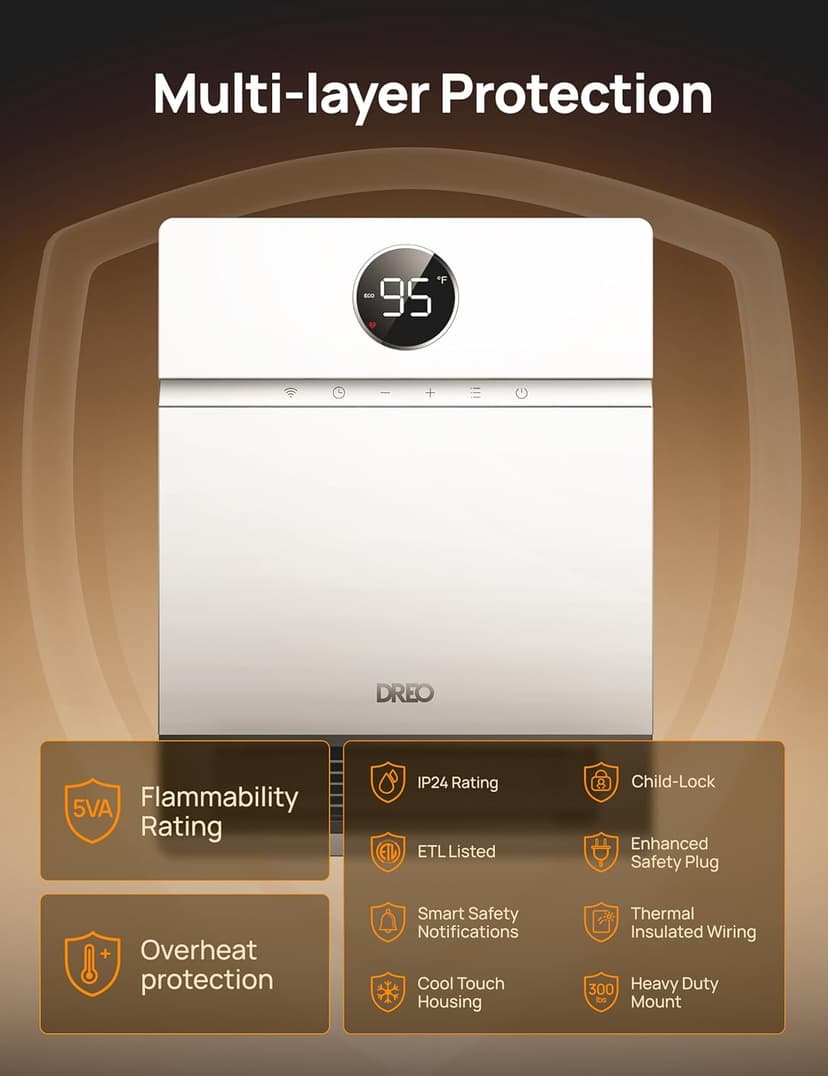 Dreo Smart Wall Heater, IP24 Electric PTC Space for Indoor Use, 30 Oscillation, Adjustable Thermostat, Remote Control, Works With Alexa, 24H Timer, Easy-Mounted for Bedroom, Office